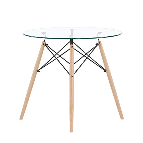 EGGREE - Mesa de comedor de cristal redonda, mesa de cocina escandinava, diseño de patas de madera y marco de metal, 80 x 80 x 75 cm