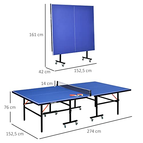 SPORTNOW Mesa de Ping Pong Plegable con Ruedas Mesa de Tenis Profesional para Interiores y Exteriores Tamaño Estándar con Red Paletas Pelota 274x152,5x76 cm Azul
