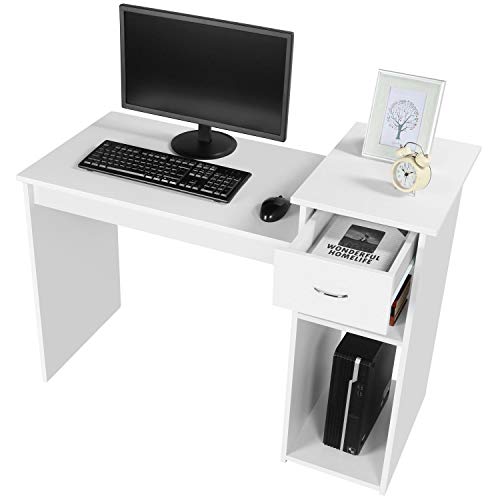 Yaheetech Mesa de Ordenador con Cajon 107,5x50x82cm Escritorio para Oficina con Estantería Escritorio Estilo Moderno para Computadora Blanco Brillo Gran Capacidad de Almacenaje