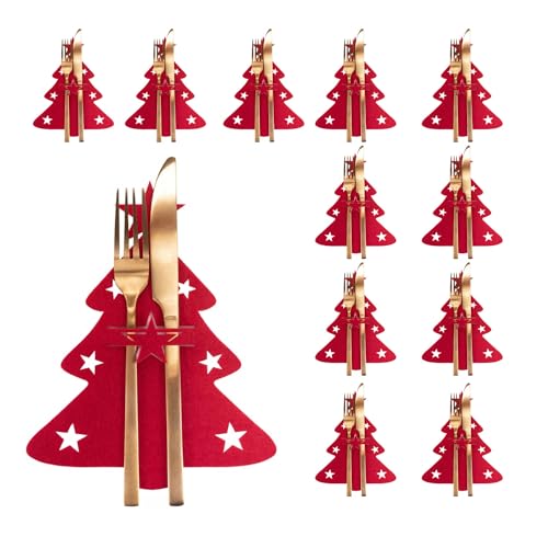 12 Piezas Navidad Titulares de Cubiertos, Porta Cubiertos Navideños Bolsas, Cubiertos de Rojo de Navidad Decoración, Bolsita para Cubiertos de Navidad para Decorar Mesa