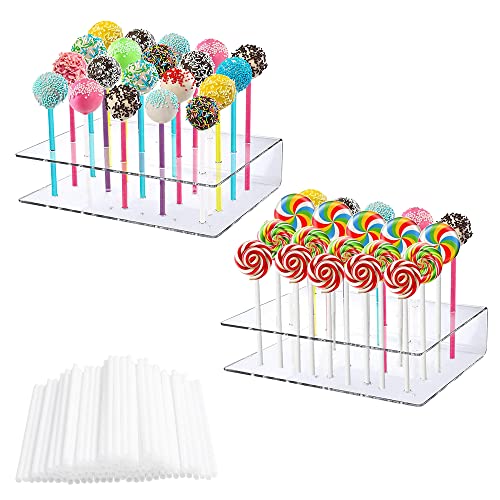 DIKEBAO 2 Pcs Soporte para Piruletas y Pop Cakes Acrilico para Lollipop con 20 Agujeros Candy Bar Decoracion + 100 Unidades Palitos de Cake Pops 10cm Ideal para Bodas Comuniones